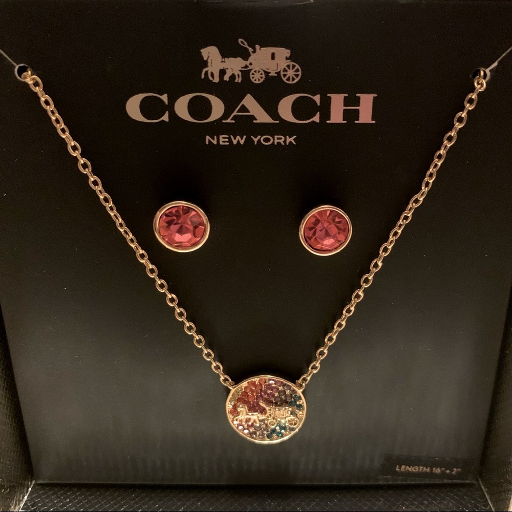 COACH Horse Carriage Crystal Necklace and Stud Earrings Box Set